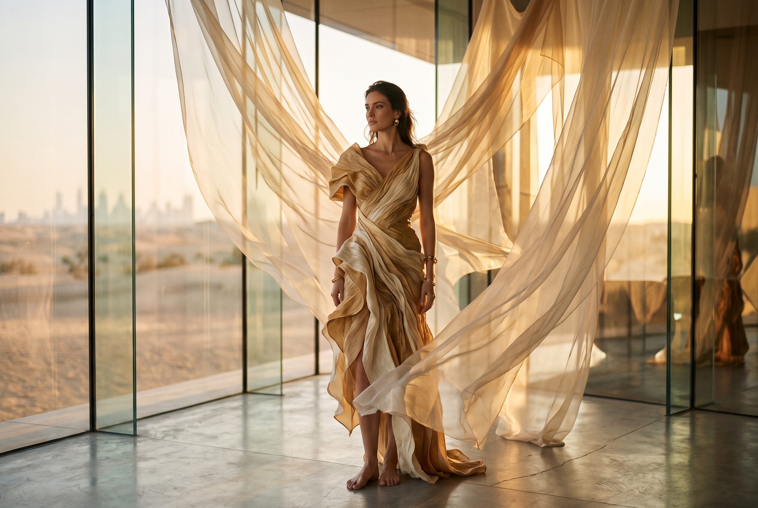Golden editorial fashion campaign portrait