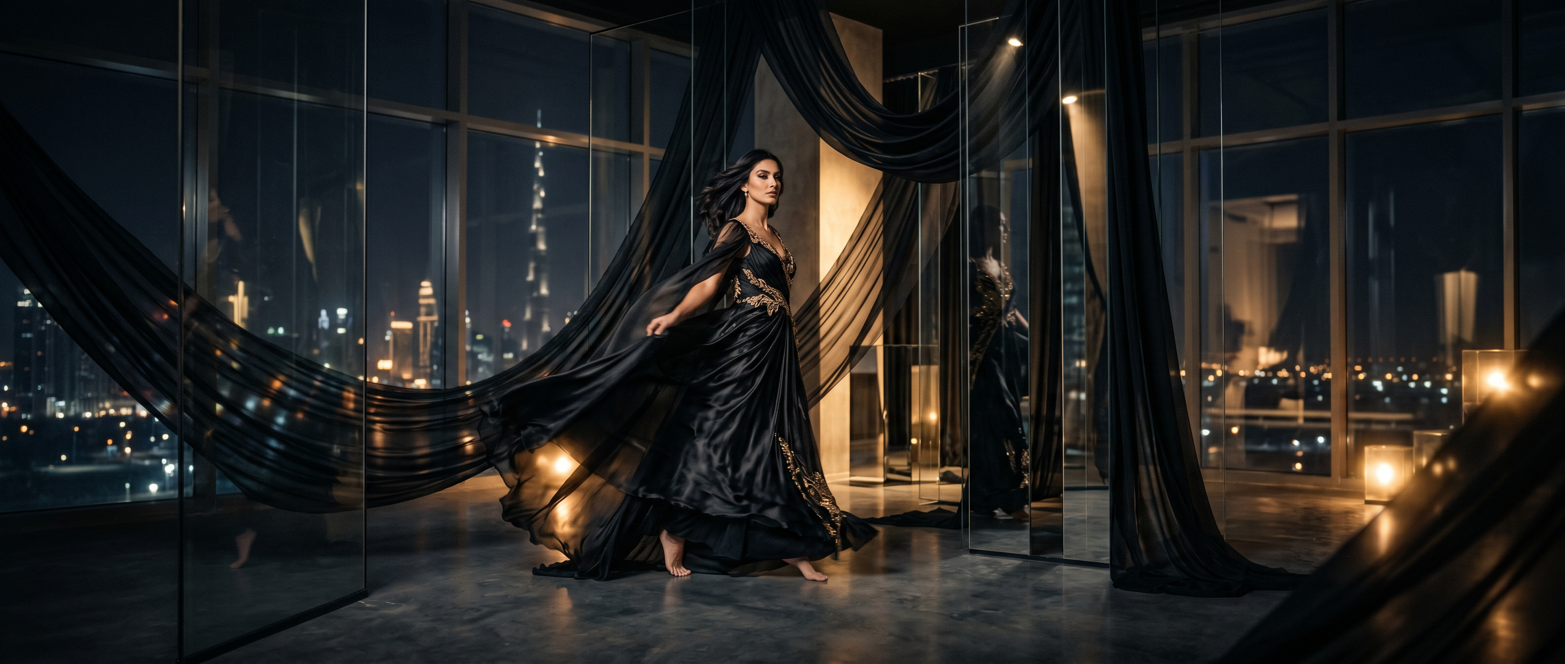 Wide nocturnal editorial fashion scene