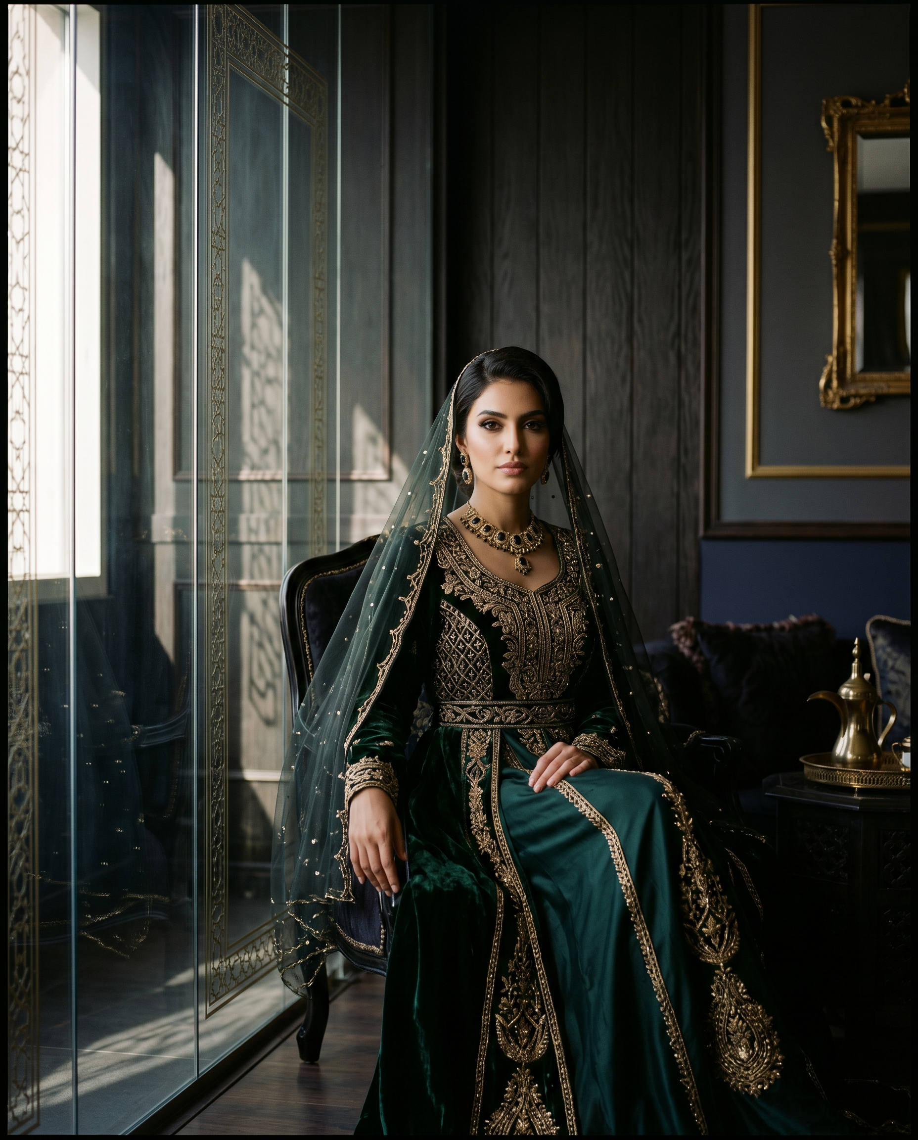 Regal studio portrait with glass and shadow